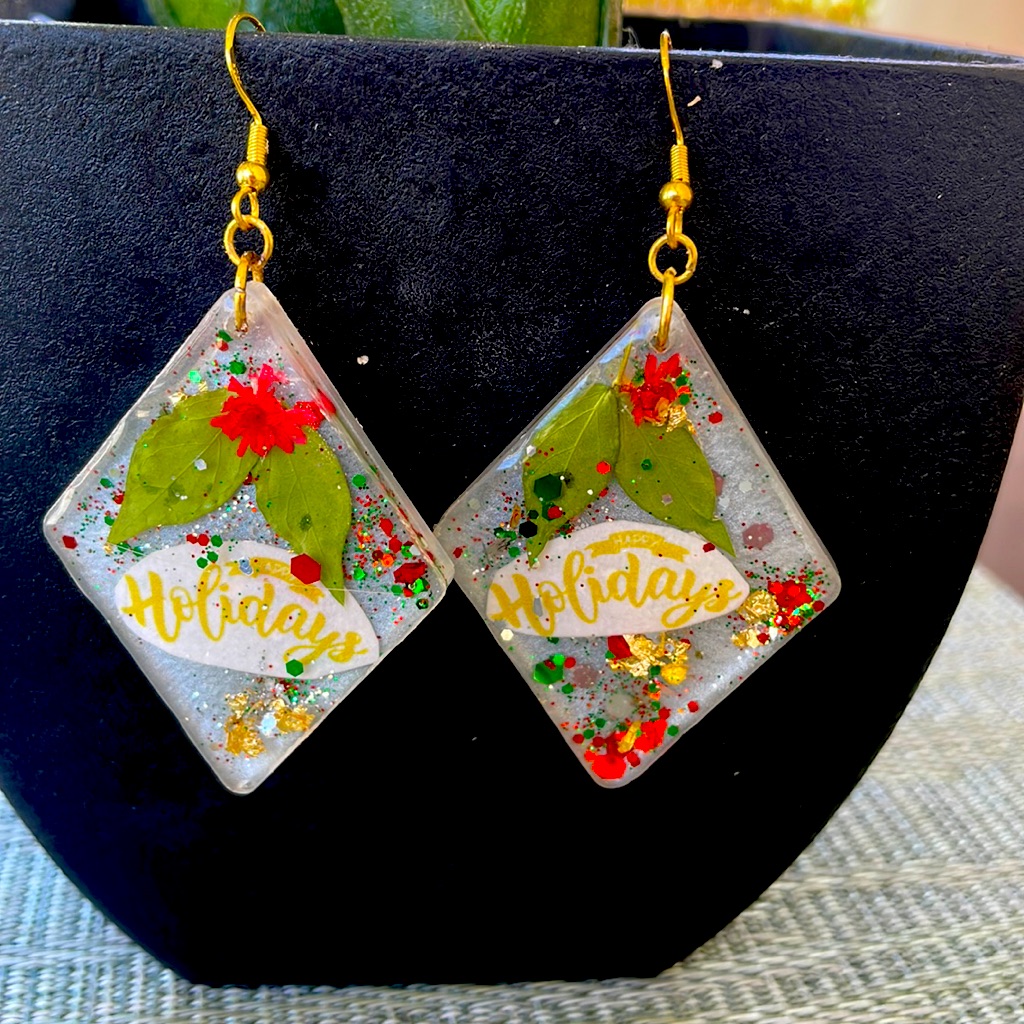 Xmas Festive Handmade Large Pressed Flower Earrings Holiday Vibes White Diamond